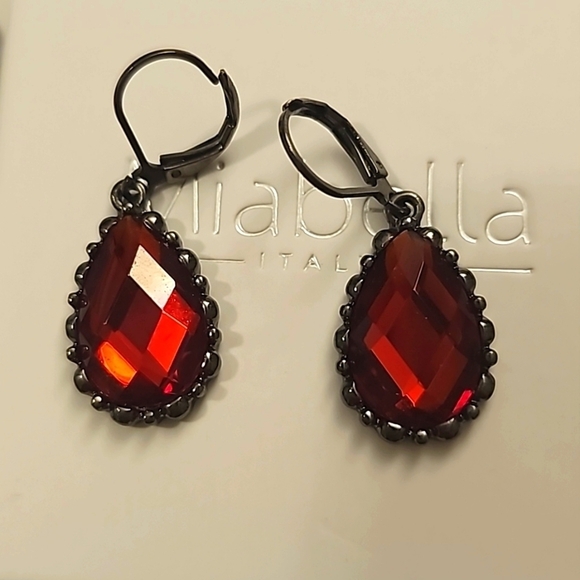 Vintage Joan Rivers Red Faceted Teardrop Cabochon Leverback Earrings - Picture 2 of 5